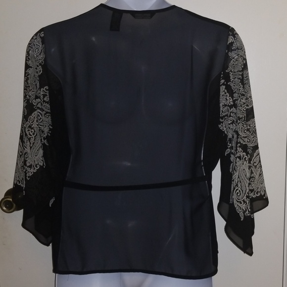 Black Kimono Wrap Blouse w/ White Paisley Detail - Picture 4 of 4